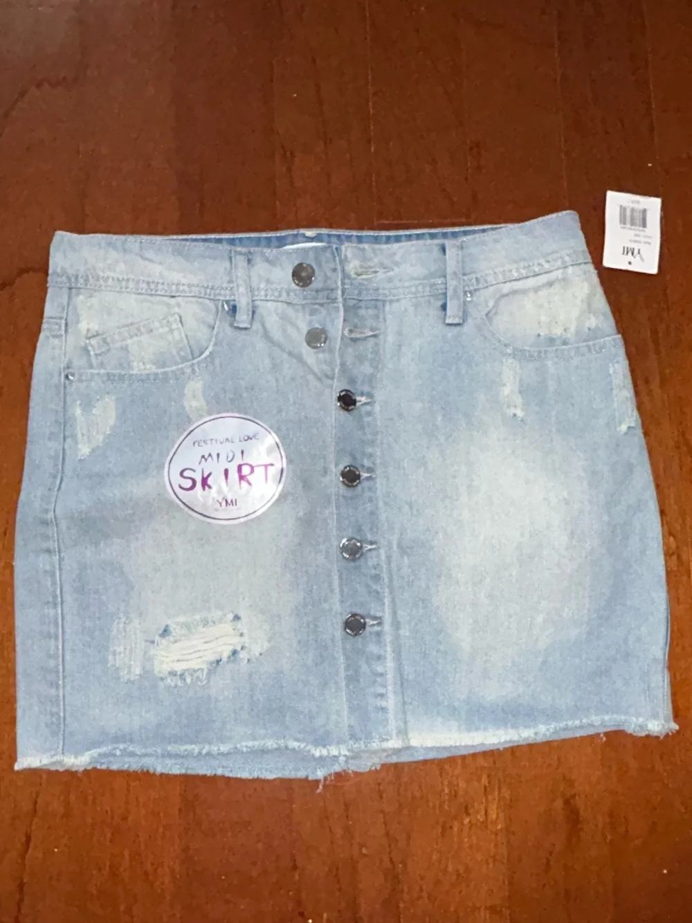 NEW YMI Distressed Denim Mini Skirt Full Button-Up Raw Hem Size 7 Y2K - Picture 2 of 10